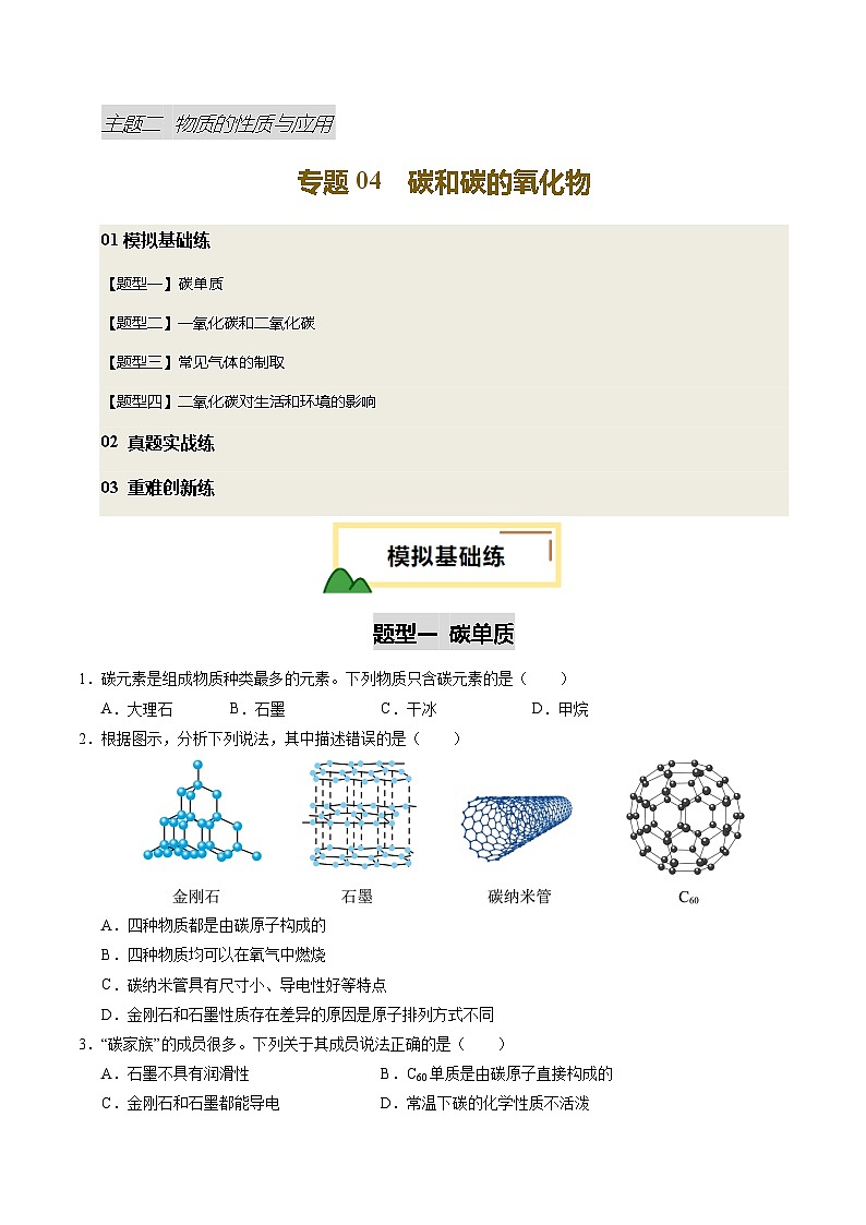 2025年中考化学一轮复习 专题05 碳和碳的氧化物（练习）（原卷版）第1页