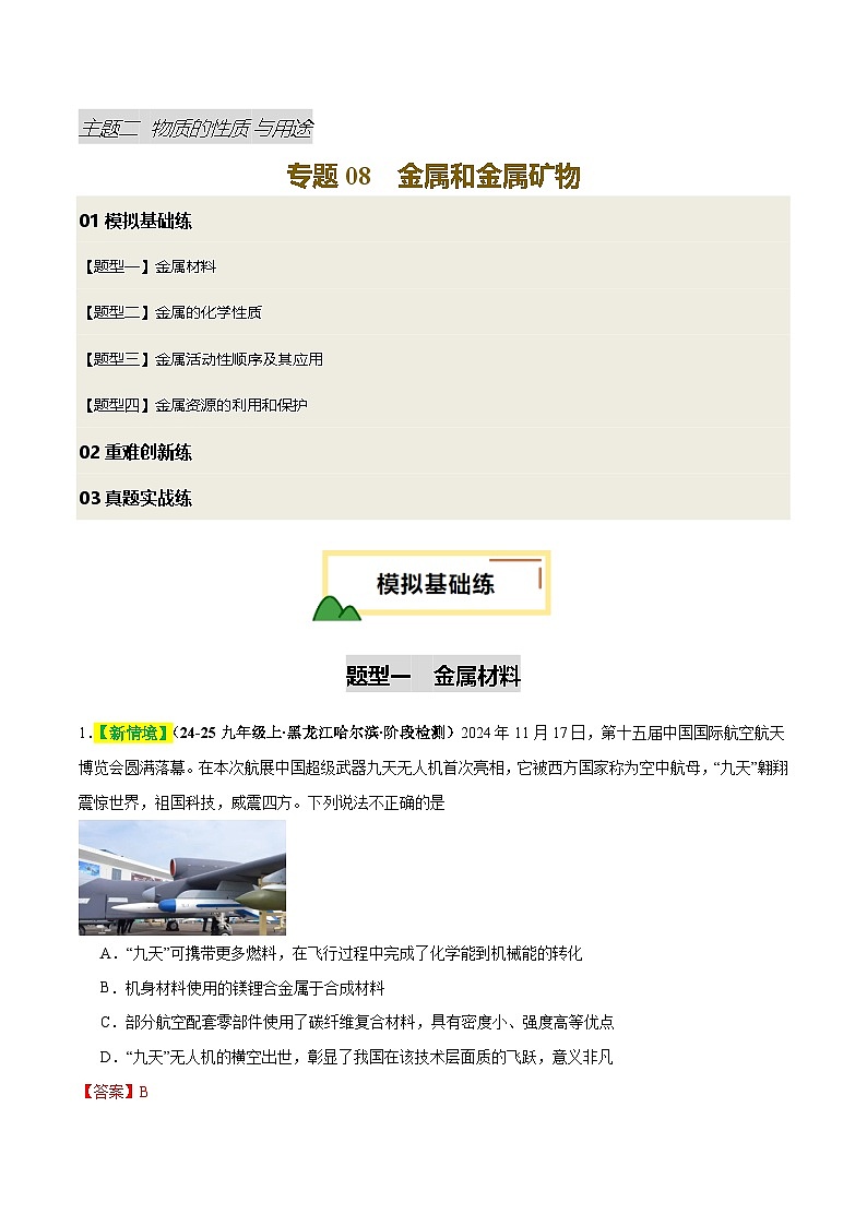 2025年中考化学一轮复习 专题08 金属和金属矿物（练习）（解析版）第1页