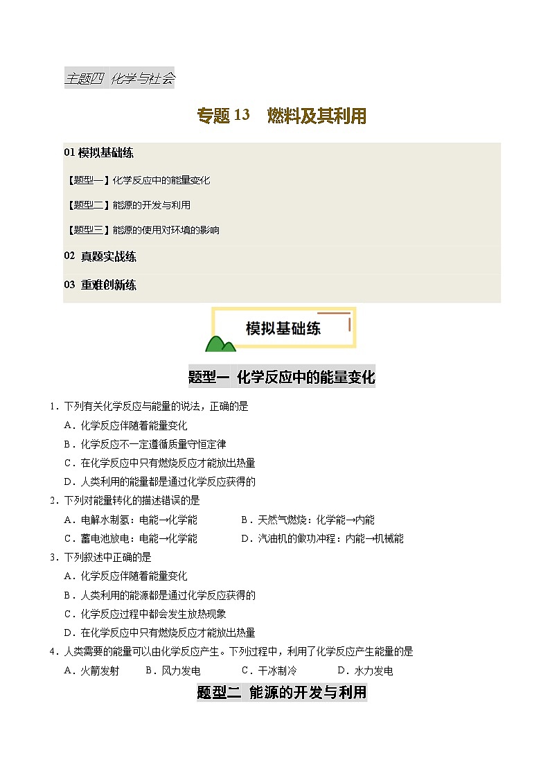 2025年中考化学一轮复习 专题13 燃料及其利用（练习）（原卷版）第1页