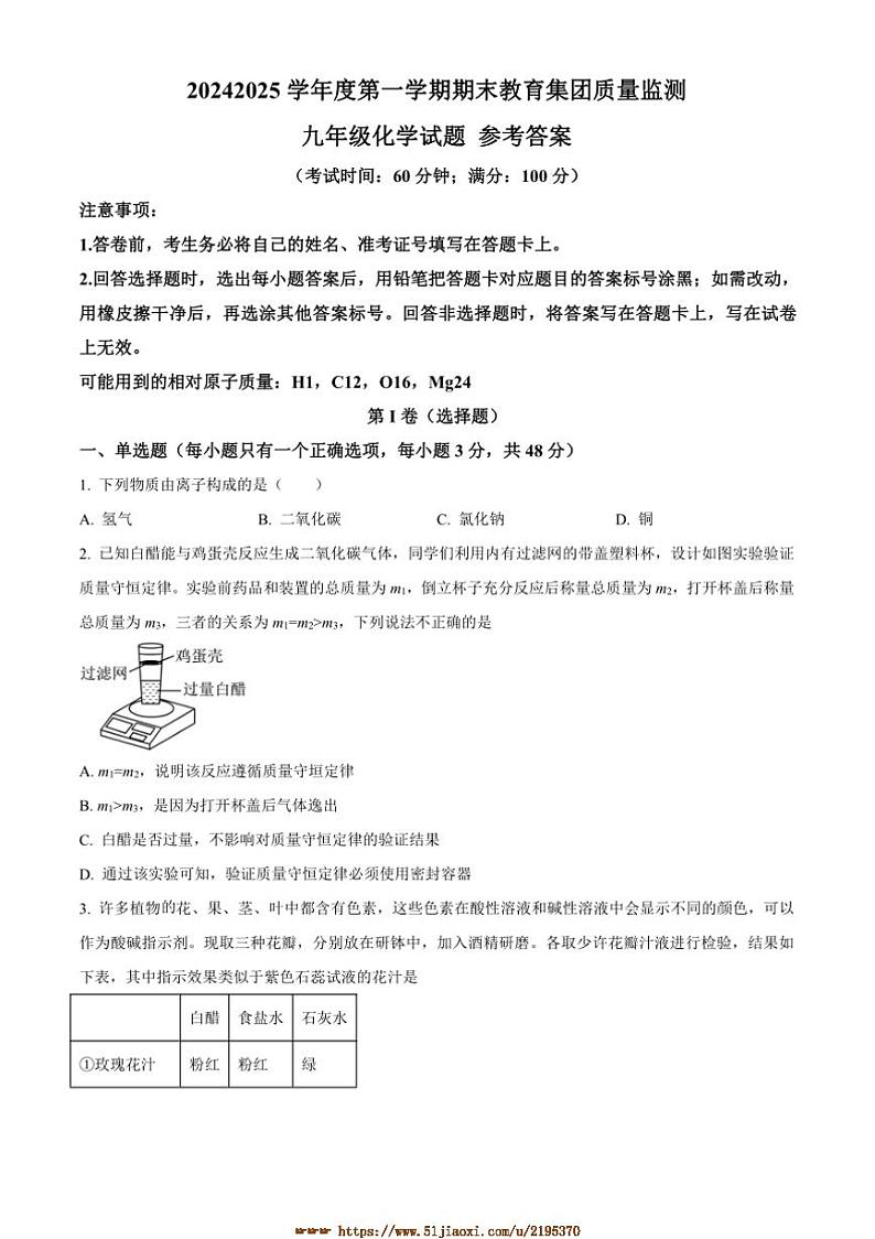 2024～2025学年山东省滨州市博兴县九年级上1月期末化学试卷(含答案)第1页