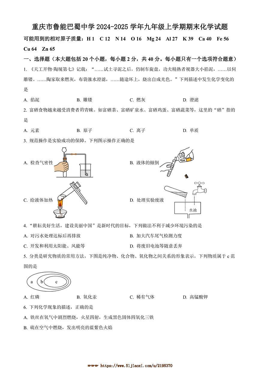 2024～2025学年重庆市鲁能巴蜀中学九年级上期末化学试卷(含答案)第1页