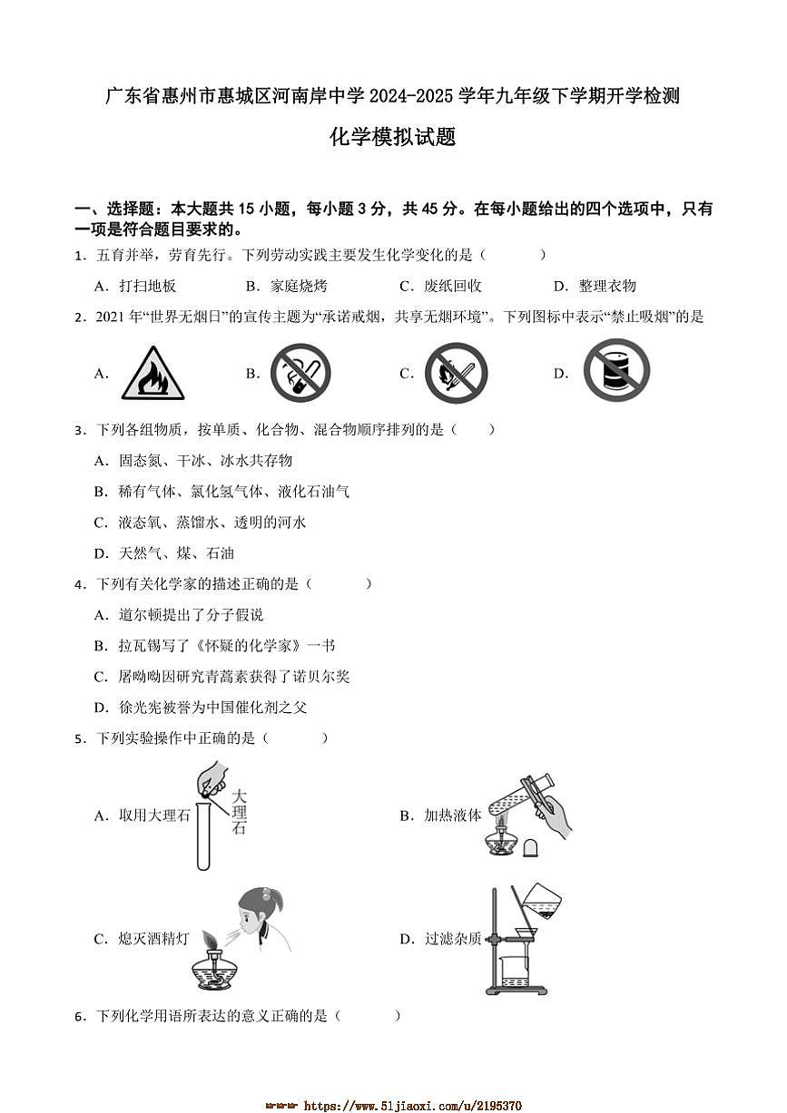 2024～2025学年广东省惠州市惠城区河南岸中学九年级下开学检测化学模拟试卷(含答案)第1页