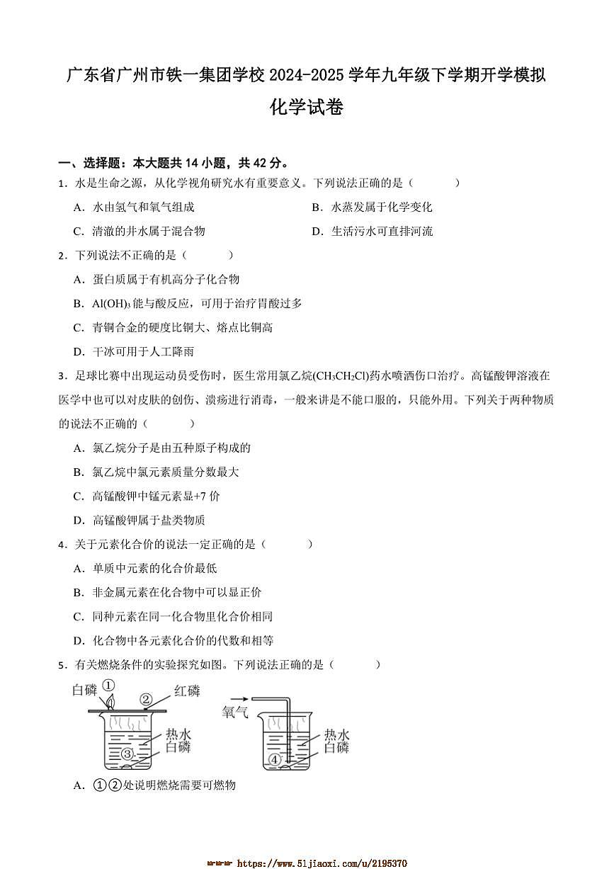 2024～2025学年广东省广州市铁一集团学校九年级下开学模拟化学试卷(含答案)第1页