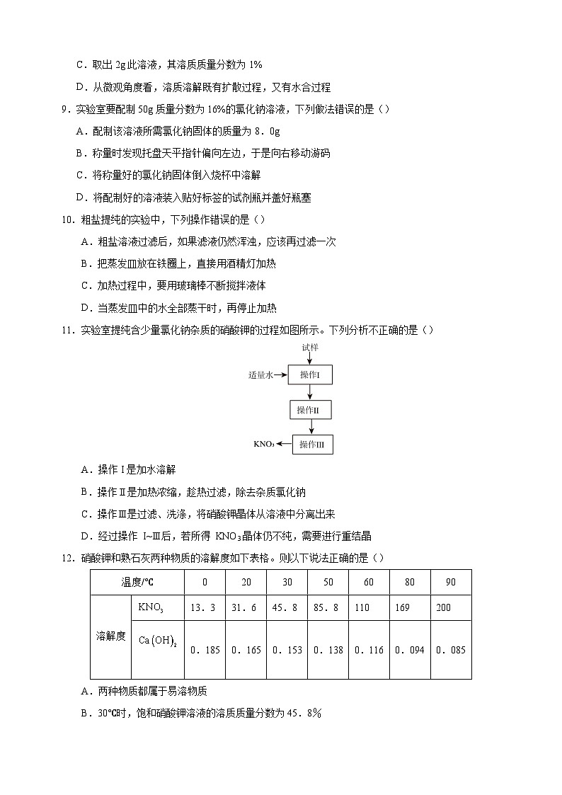 2024-2025学年九年级化学下册第7章《探索溶解现象》单元测试卷（沪教版2024新教材）第3页