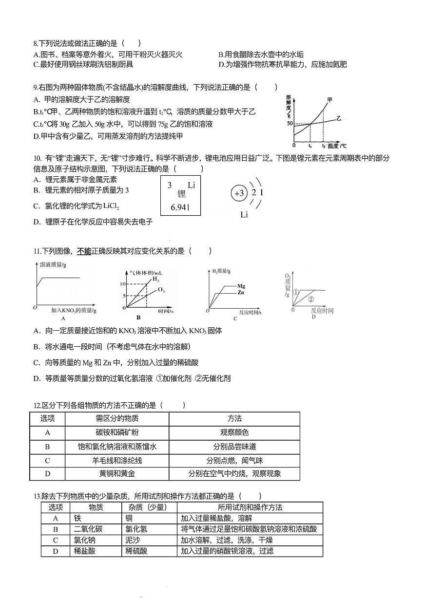 2025年哈尔滨市49中学九年级下学期开学化学试卷和参考答案第2页