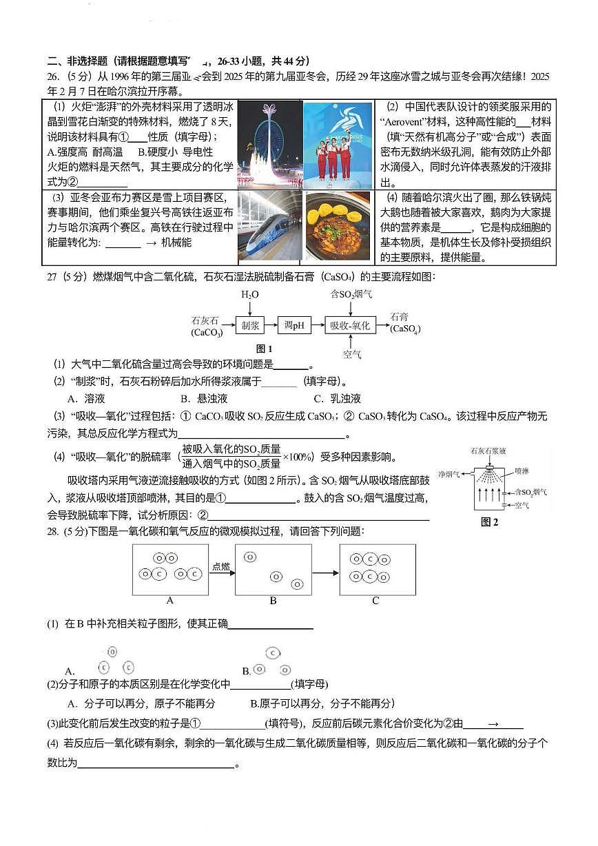 2025年哈尔滨市49中学九年级下学期开学化学试卷和参考答案第3页