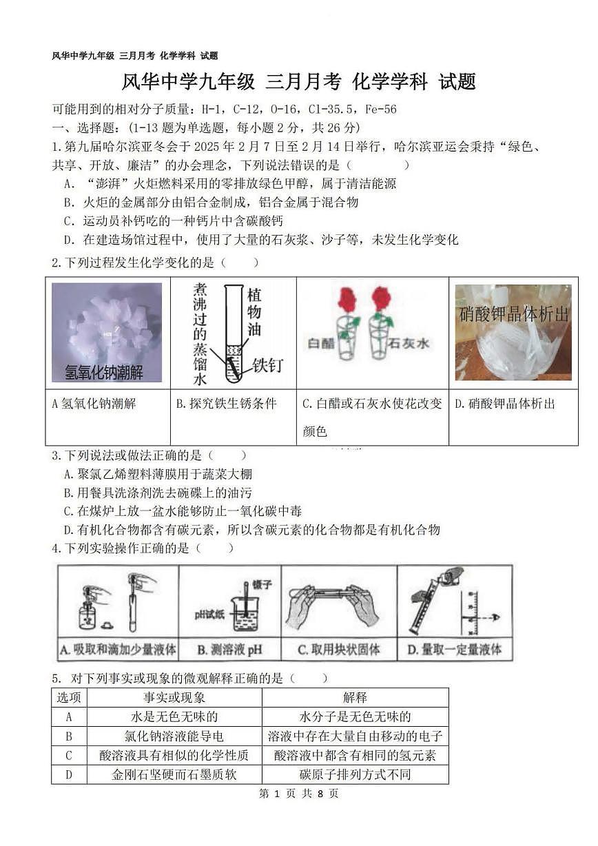 2025年哈尔滨市风华中学九年级下学期开学化学试卷和参考答案第1页