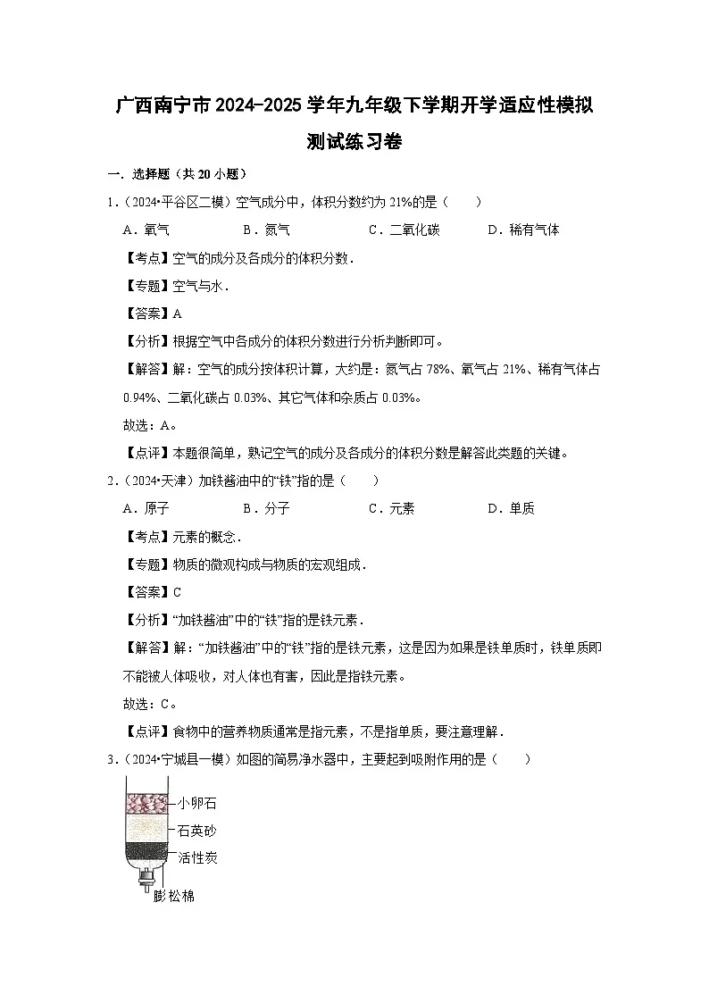 广西南宁市2024-2025学年九年级(下)开学适应性模拟测试练习卷化学试卷（解析版）第1页