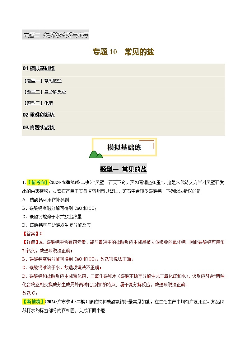 专题10 常见的盐（练习）（解析版）第1页