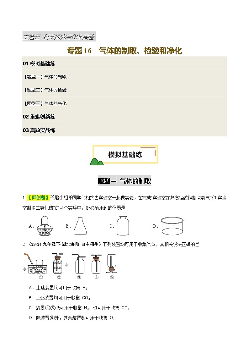 专题16 气体的制取、检验和净化（练习）（原卷版）第1页
