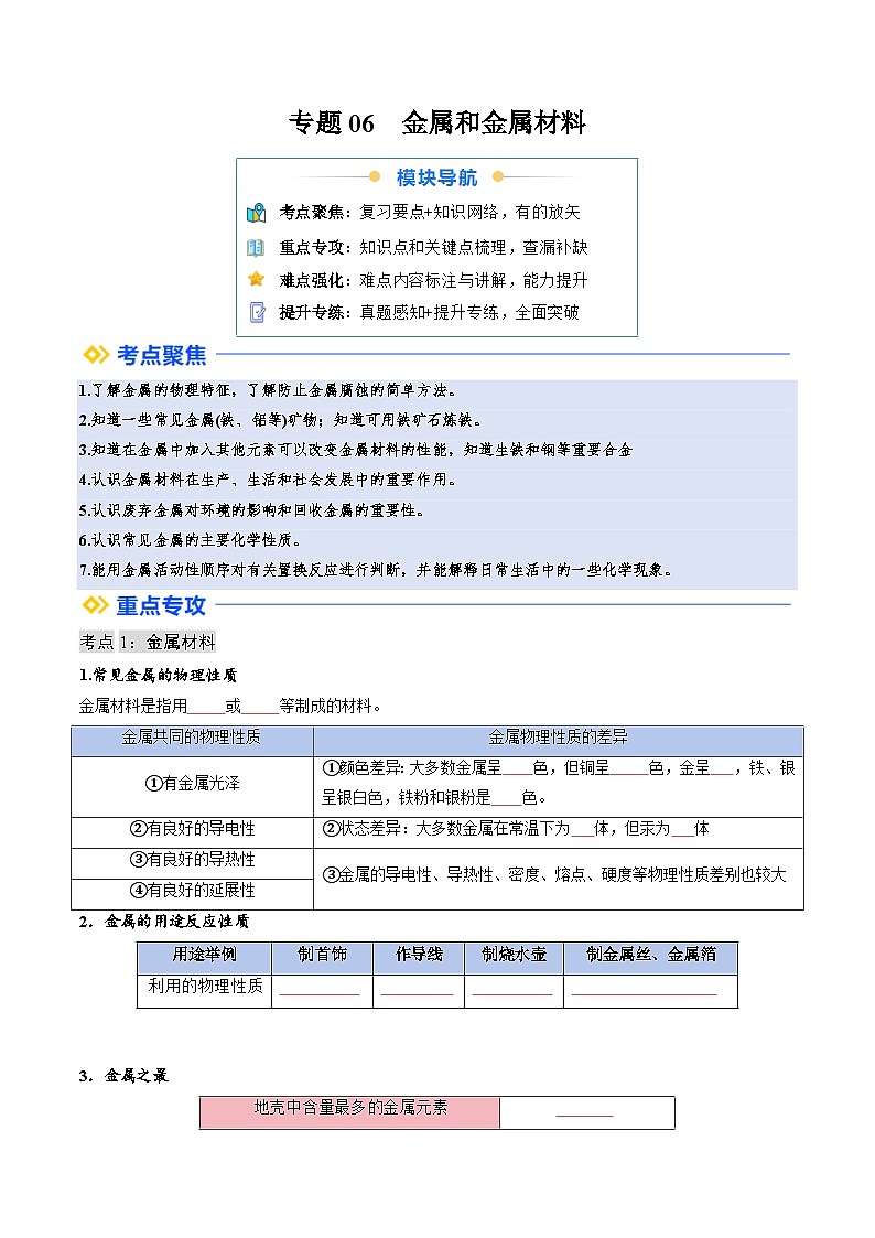 人教版九年级化学寒假讲义①寒假复习-专题06 金属和金属材料 (学生版) 第1页