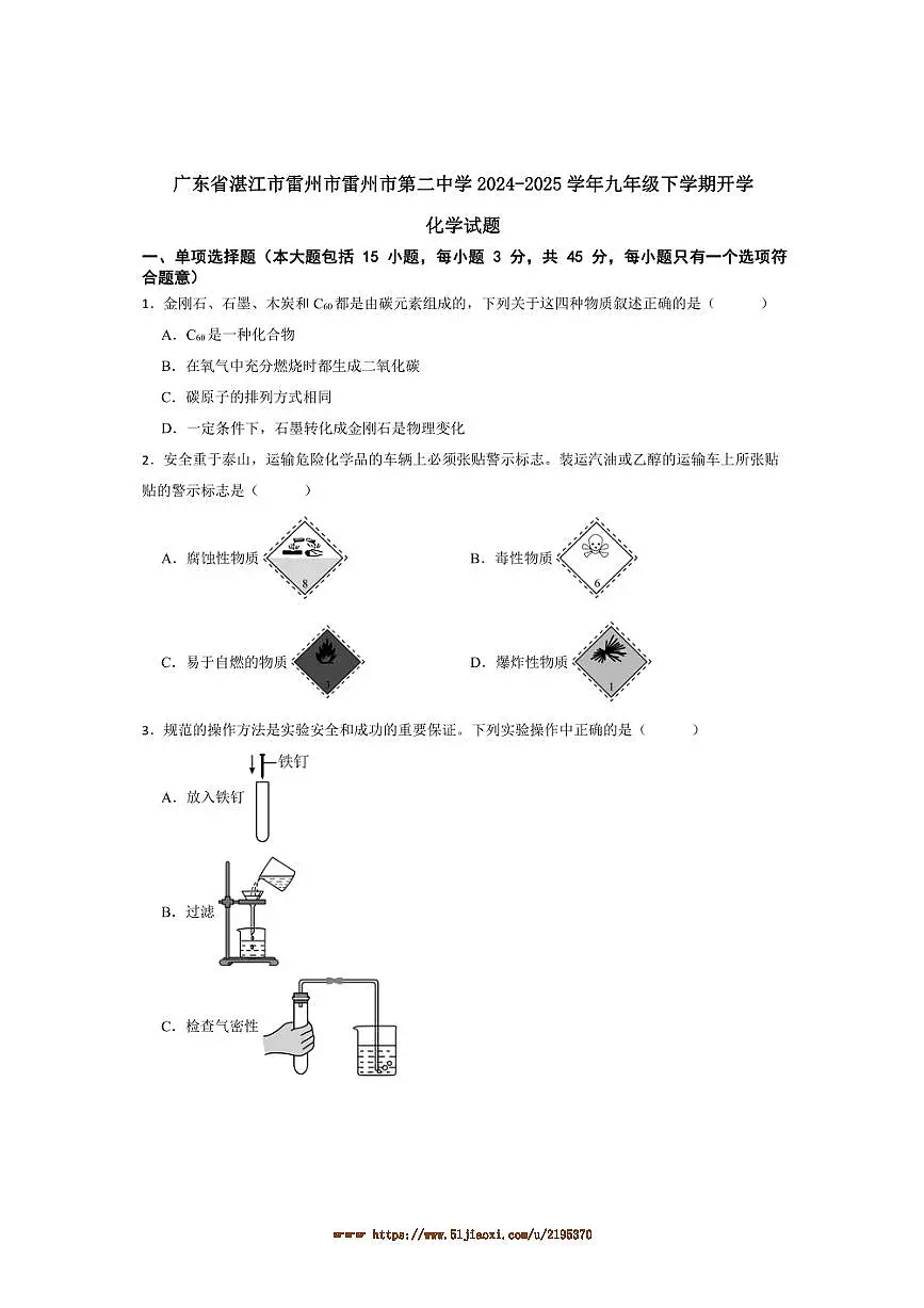 2024～2025学年广东省湛江市雷州市雷州市第二中学九年级下开学化学试卷(含答案)第1页