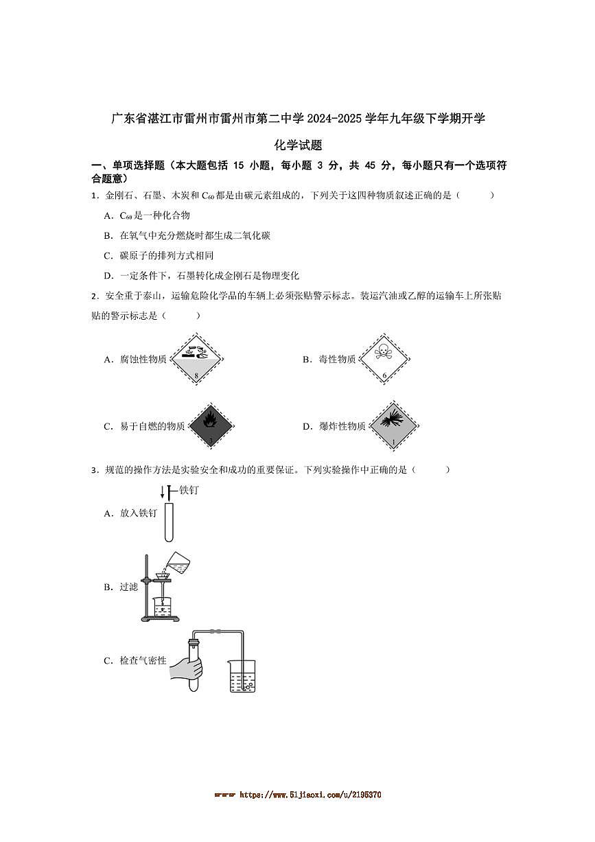 2024～2025学年广东省湛江市雷州市雷州市第二中学九年级下开学化学试卷(含答案)第1页