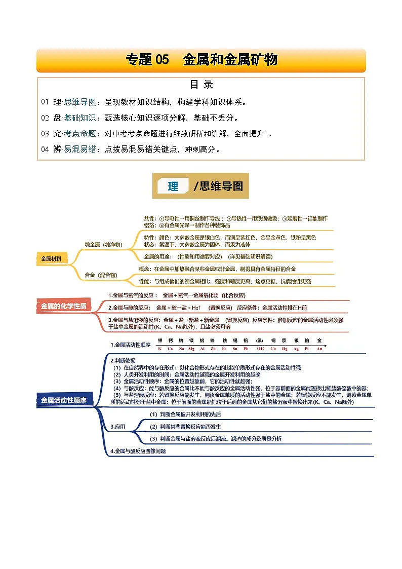 专题05 金属和金属矿物-2025年中考化学一轮复习知识清单（全国通用）（解析版）第1页