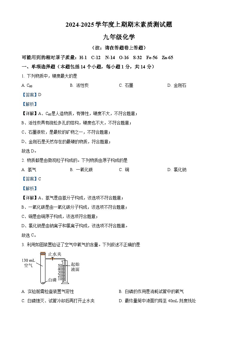 河南省驻马店市汝南县-2024-2025学年九年级上学期1月期末化学试题（解析版）第1页