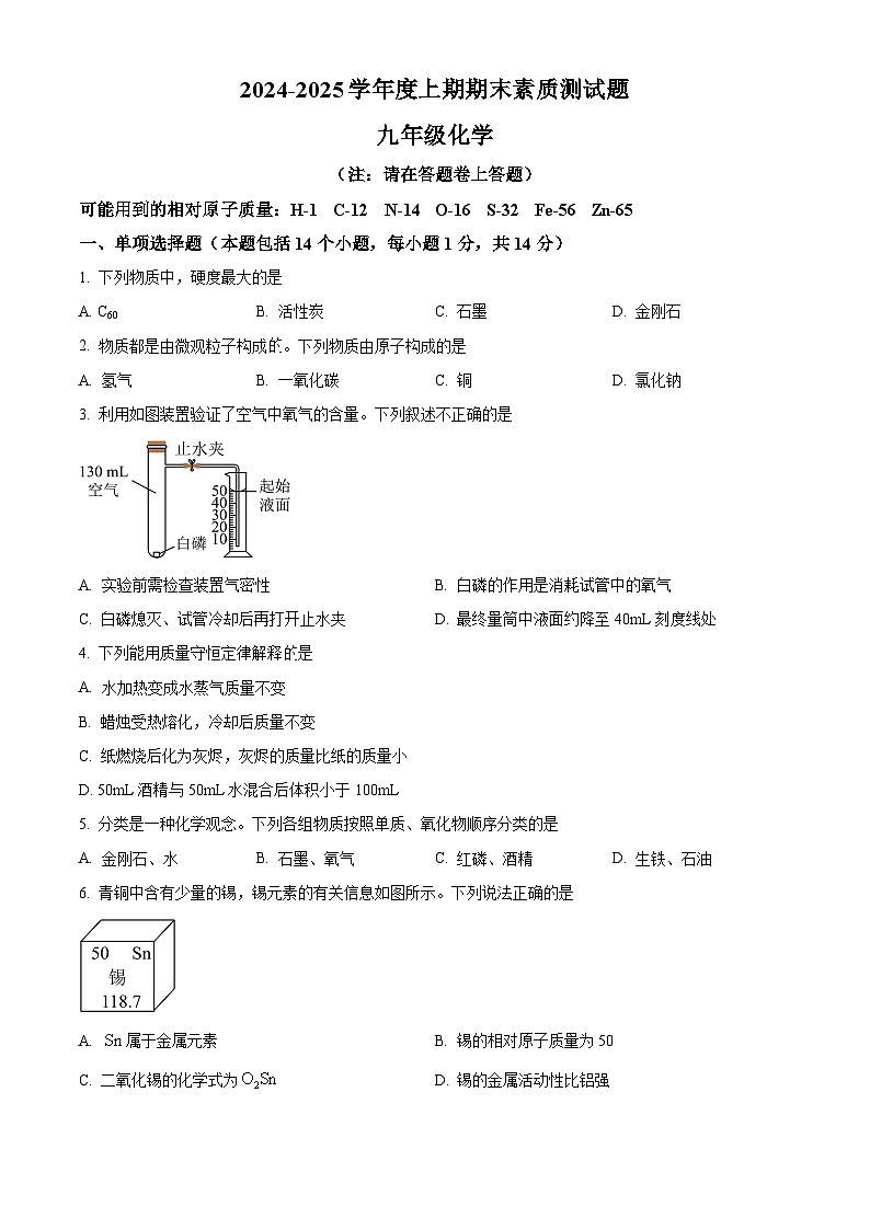 河南省驻马店市汝南县-2024-2025学年九年级上学期1月期末化学试题（原卷版）第1页
