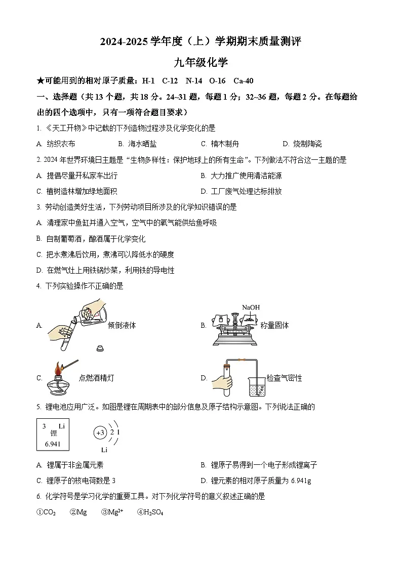 湖北省孝感市汉川市2024-2025学年九年级上学期1月期末化学试题（原卷版）第1页