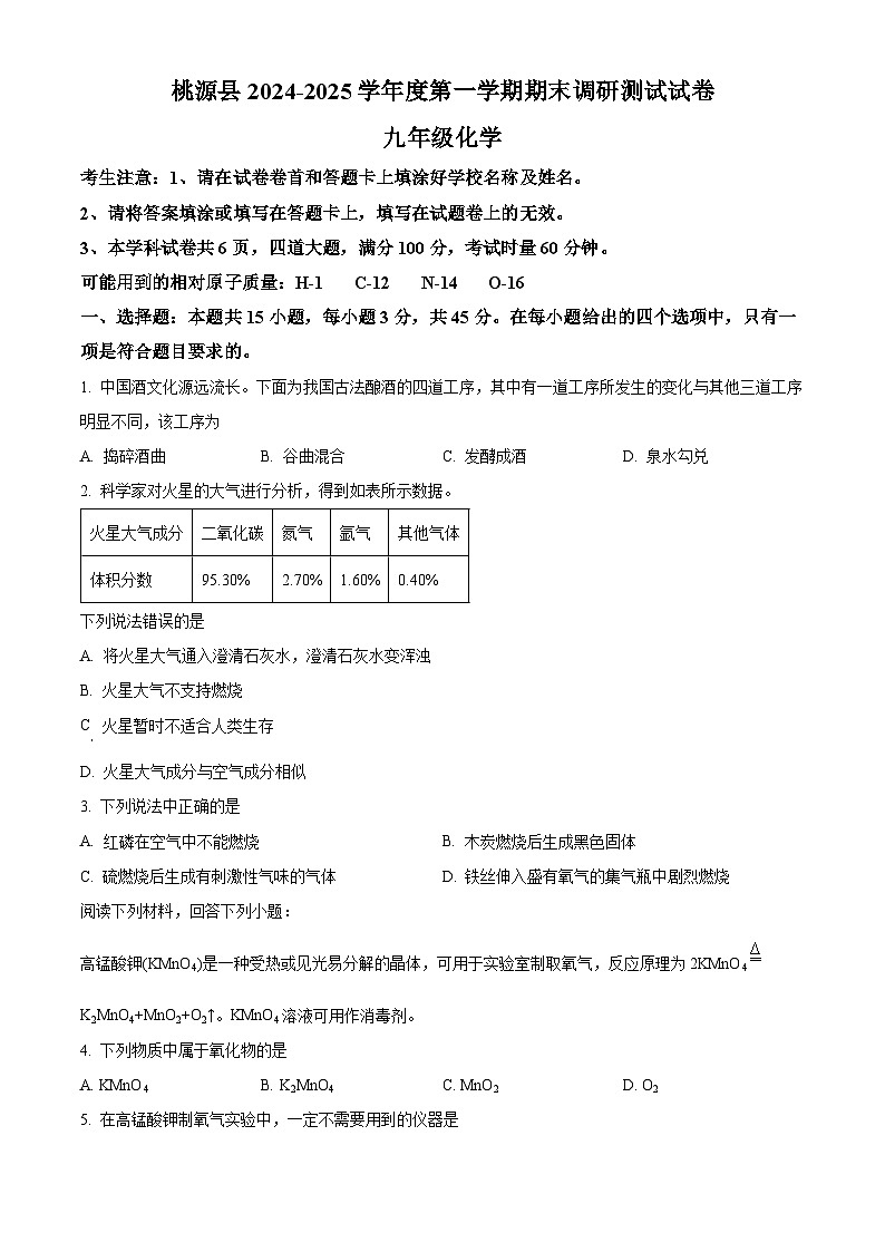 湖南省常德市桃源县2024-2025学年九年级上学期期末化学试题（原卷版）第1页