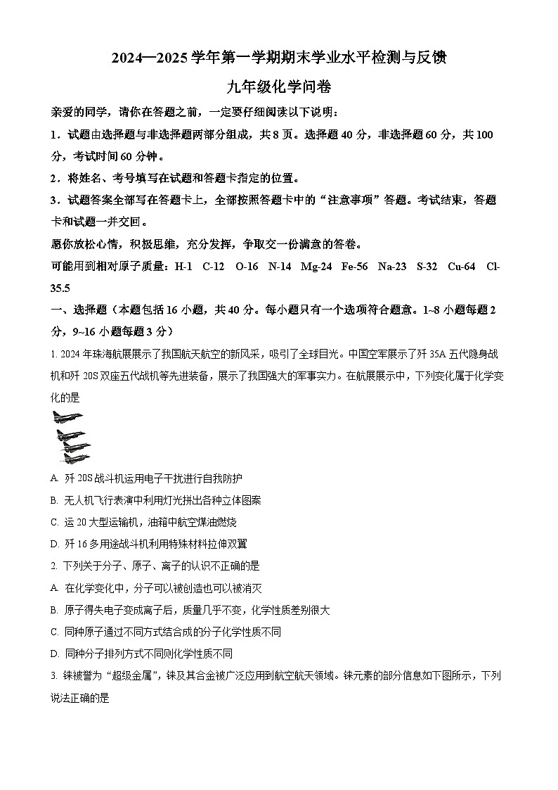 山东省聊城市阳谷县2024-2025学年九年级上学期期末化学试题（原卷版）第1页