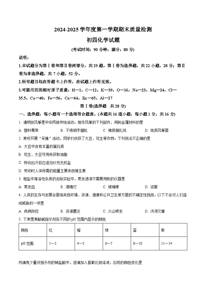 山东省青岛市莱西市2024-2025学年九年级上学期期末化学试题（原卷版）第1页