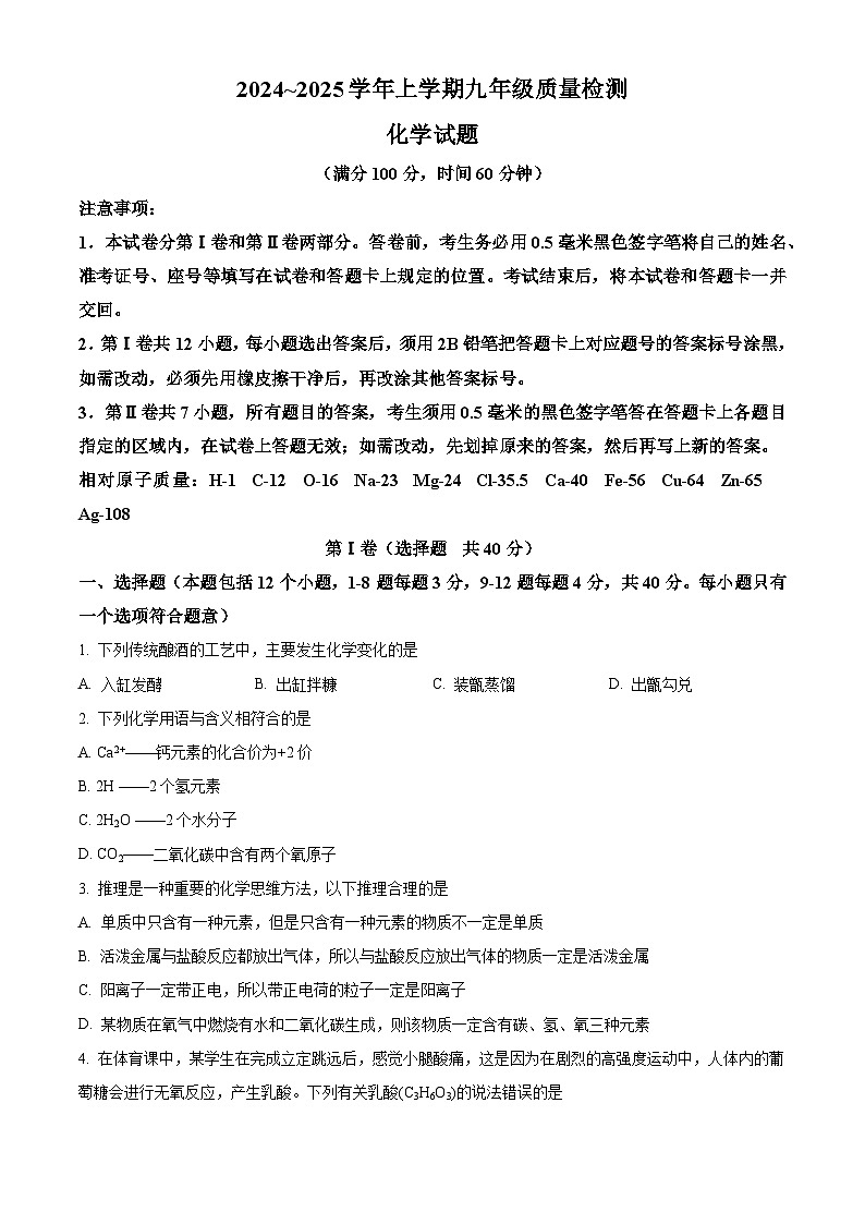 山东省日照市岚山区2024-2025学年九年级上学期1月期末化学试题（原卷版）第1页