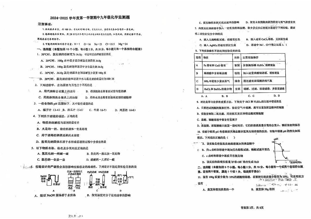 山东烟台经济技术开发区2024-2025学年九年级上学期期中考试化学试卷第1页