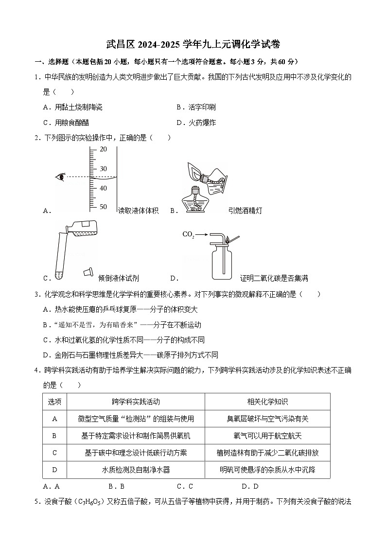 武昌区2024-2025学年上学期元调九年级化学试题（word版含答案）第1页