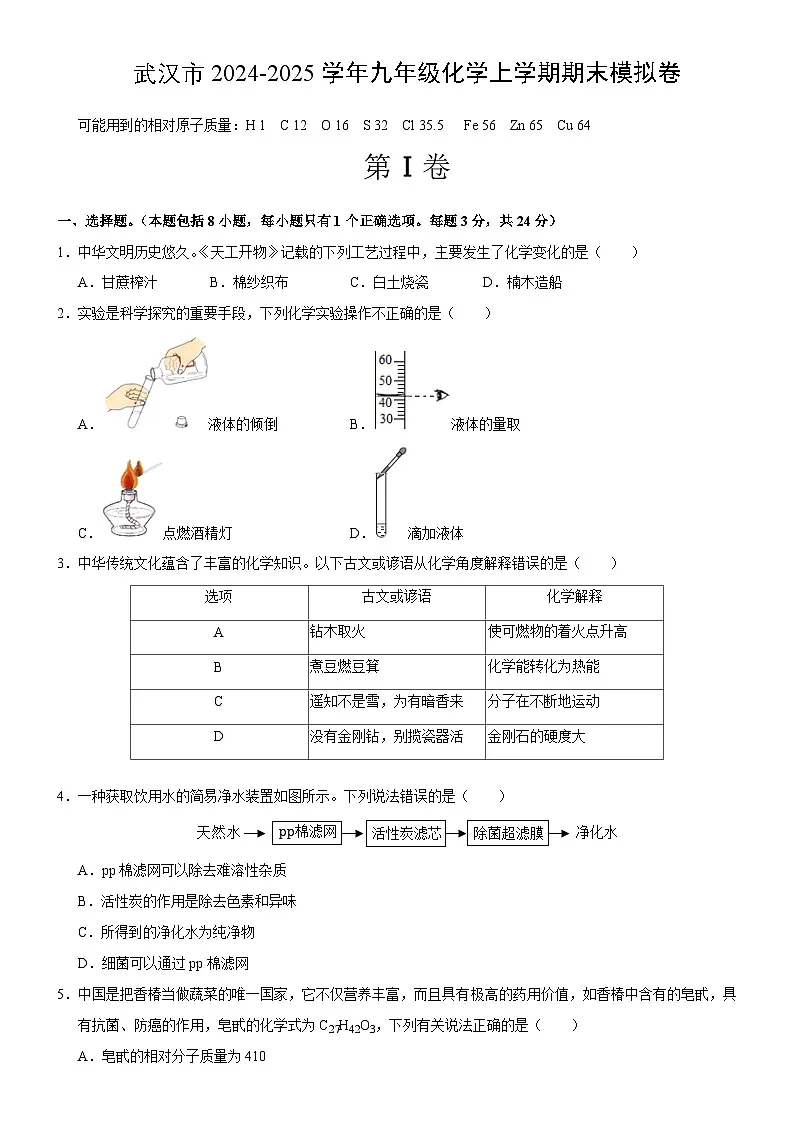 武汉市部分学校2024-2025学年上学期元调模拟九年级化学试卷(word版含答案)第1页