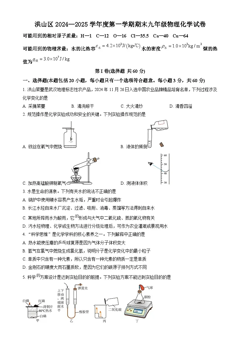 洪山区2024-2025学年上学期元调九年级化学试题（word版含标答）第1页