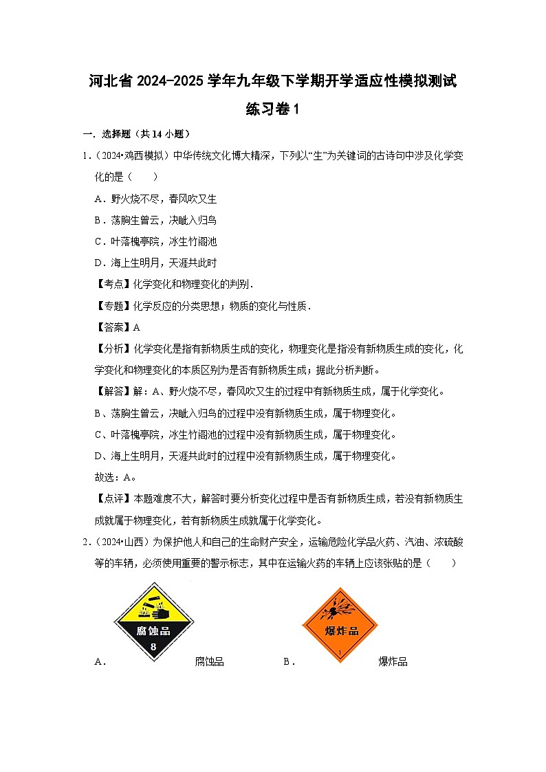 2024~2025学年河北省九年级下学期开学适应性模拟测试练习卷1化学试卷（解析版）第1页