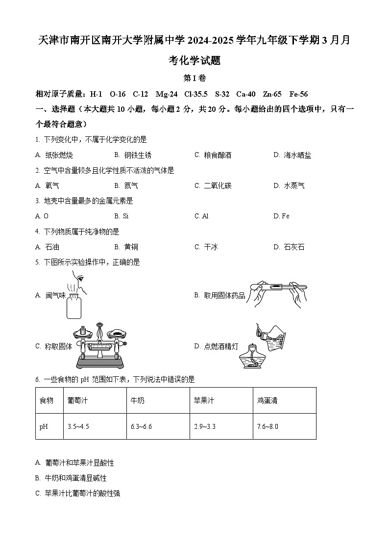 天津市南开区南开大学附属中学2024-2025学年九年级下学期3月月考化学试题（原卷版+解析版）第1页