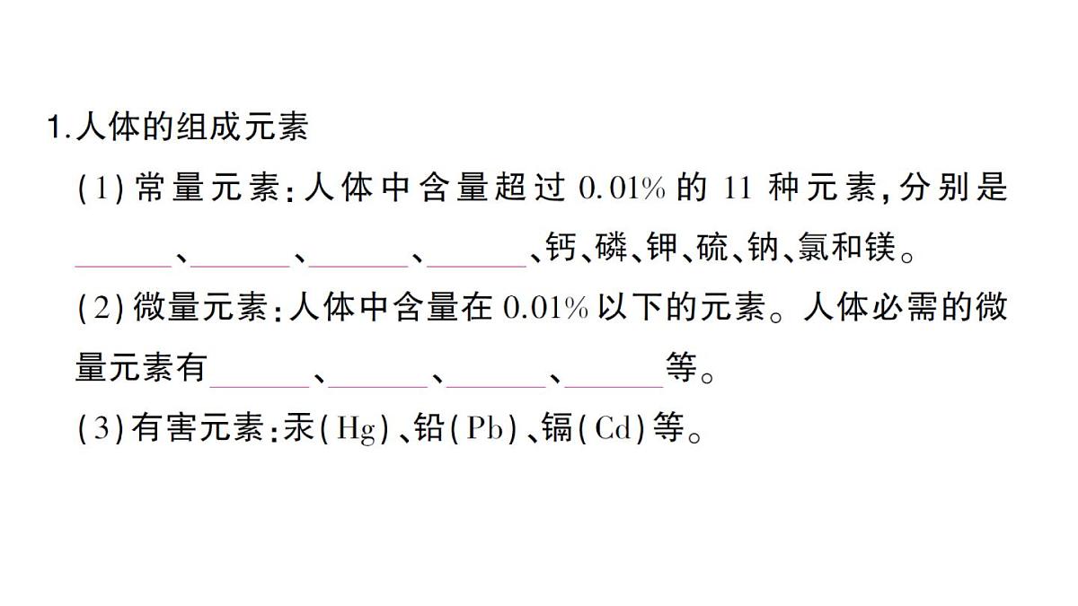 初中化学新人教版九年级下册第十一单元课题1 化学与人体健康考点练习课件2025春第2页