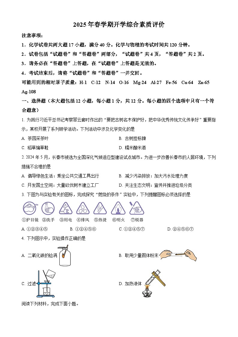 安徽省六安市舒城县第二中学2024-2025学年九年级下学期开学化学试题（原卷版+解析版）第1页