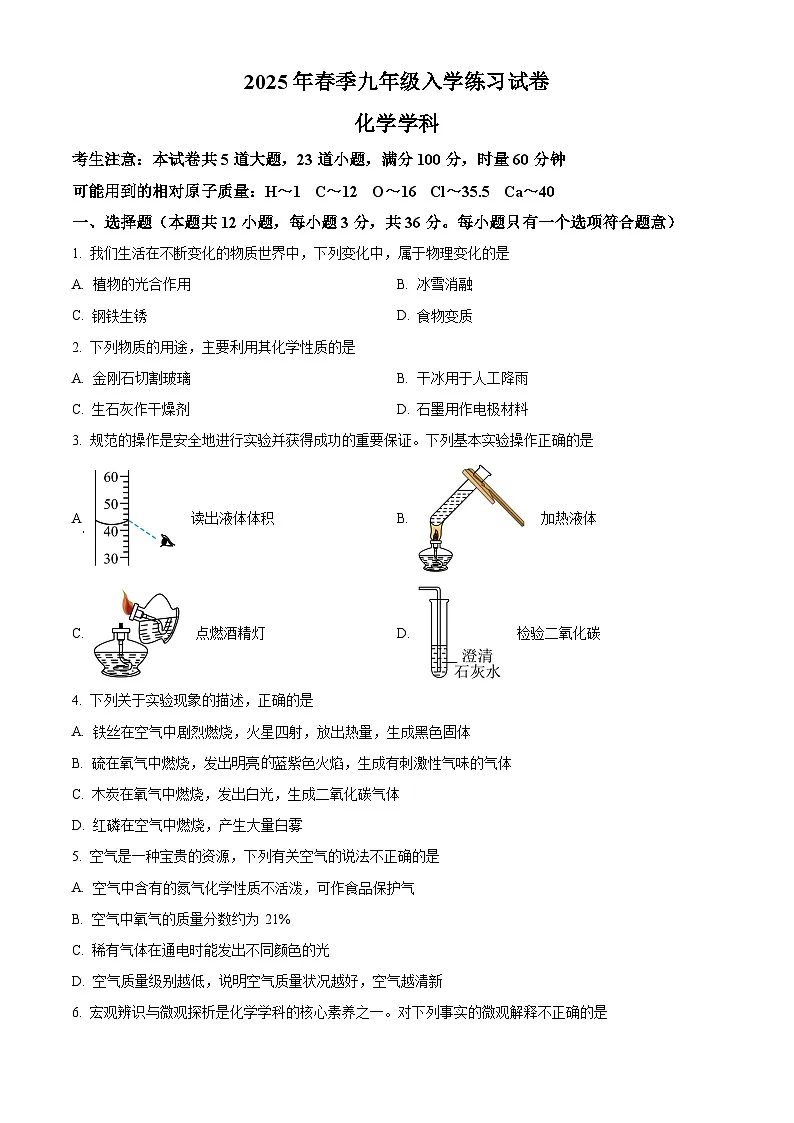 湖南省长沙市北雅中学2024-2025学年九年级下学期入学考试化学试题（原卷版+解析版）第1页