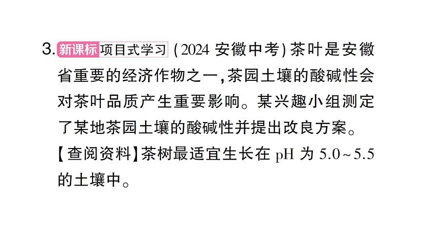 初中化学新人教版九年级下册第十单元跨学科实践活动九 探究土壤酸碱性对植物生长的影响课堂作业课件2025春第4页