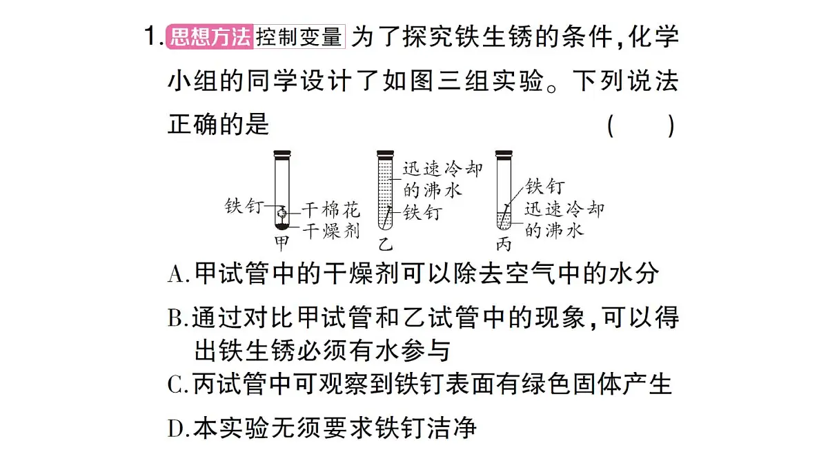 初中化学新人教版九年级下册第八单元课题3微专题 金属锈蚀条件的探究课堂作业课件2025春第2页