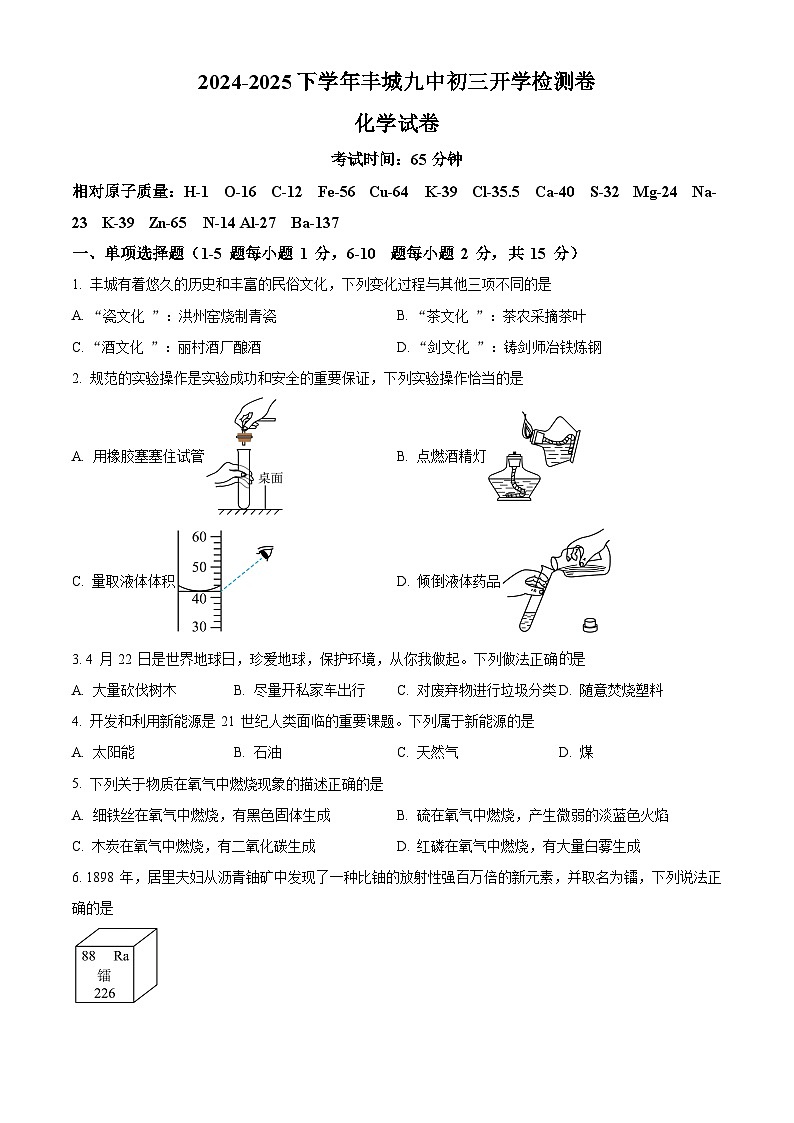江西省宜春市丰城市第九中学2024-2025学年九年级下学期开学考试化学试题（原卷版+解析版）第1页