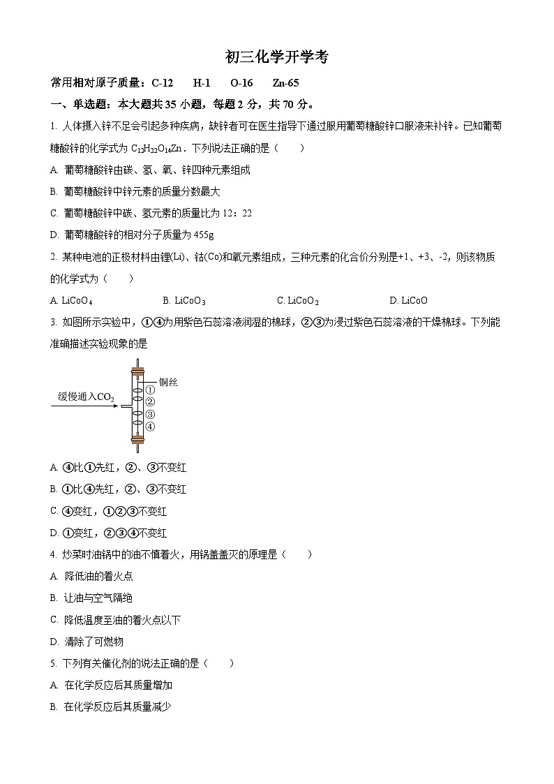 山东省德州市乐陵市化楼镇中学2024-2025学年九年级下学期开学检测化学试题（原卷版+解析版）第1页