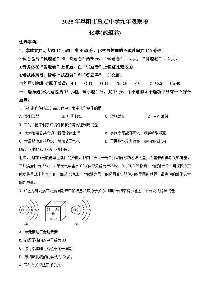 2025年安徽省阜阜阳市重点中学中考一模化学试题（原卷版+解析版）第1页