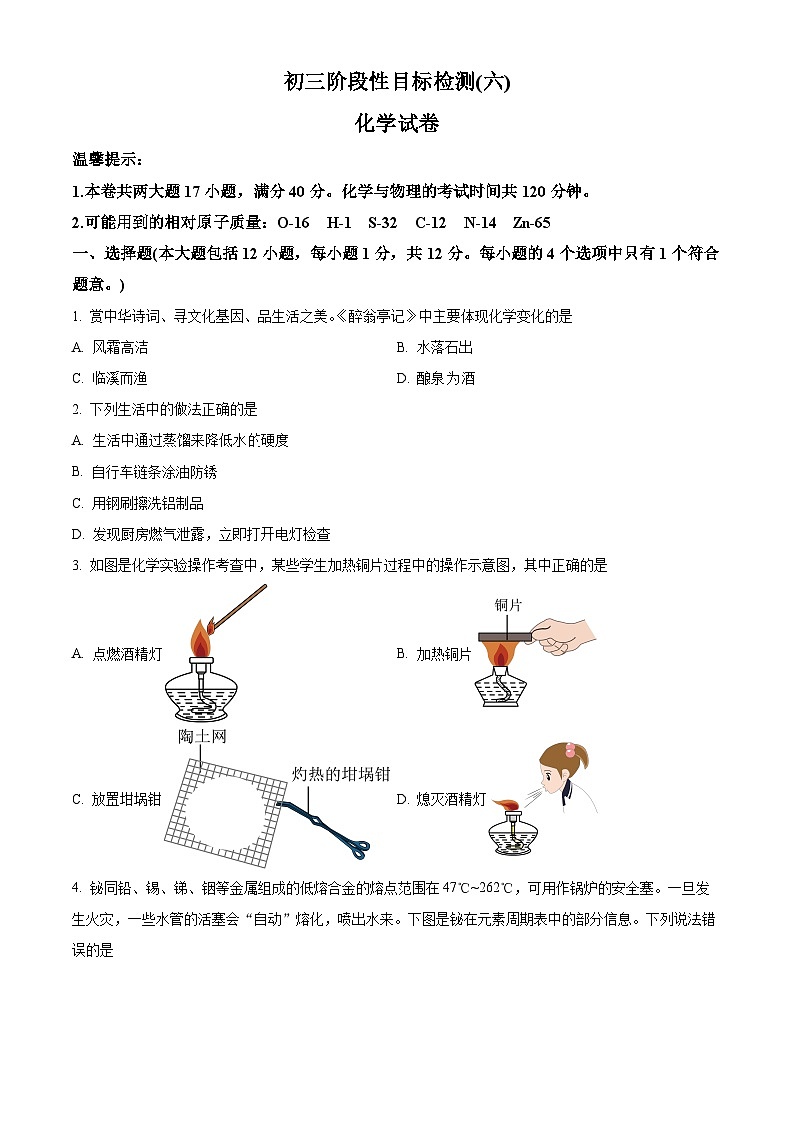 安徽省六安市皋城中学2024-2025学年九年级下学期2月份开学考试化学试题（原卷版+解析版）第1页
