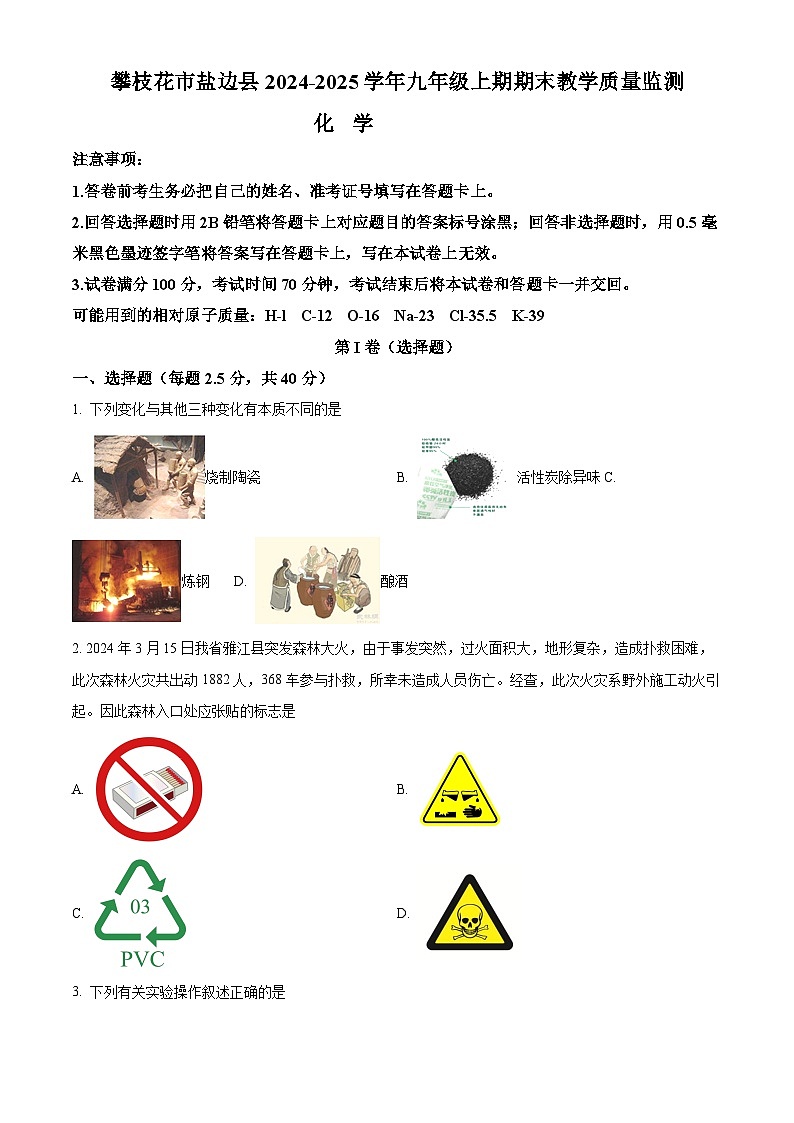 四川省攀枝花市盐边县2024-2025学年九年级上学期1月期末化学试题（原卷版+解析版）第1页