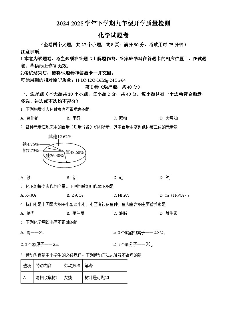 云南省楚雄彝族自治州楚雄市2024-2025学年九年级下学期开学考试化学试题（原卷版+解析版）第1页