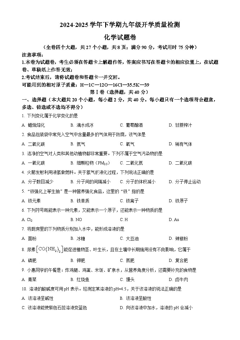 云南省楚雄彝族自治州禄丰市2024-2025学年九年级下学期开学考试化学试题（原卷版+解析版）第1页