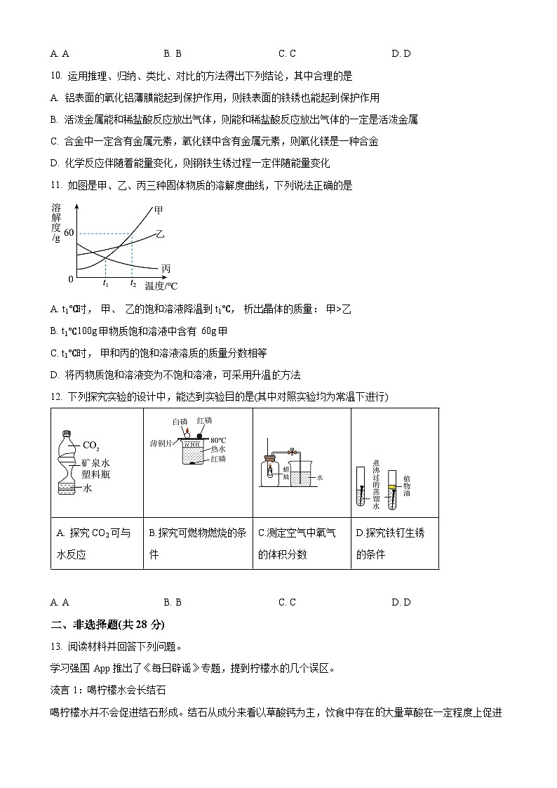 安徽省六安市皋城中学2024-2025学年九年级下学期3月月考化学试题（原卷版+解析版）第3页