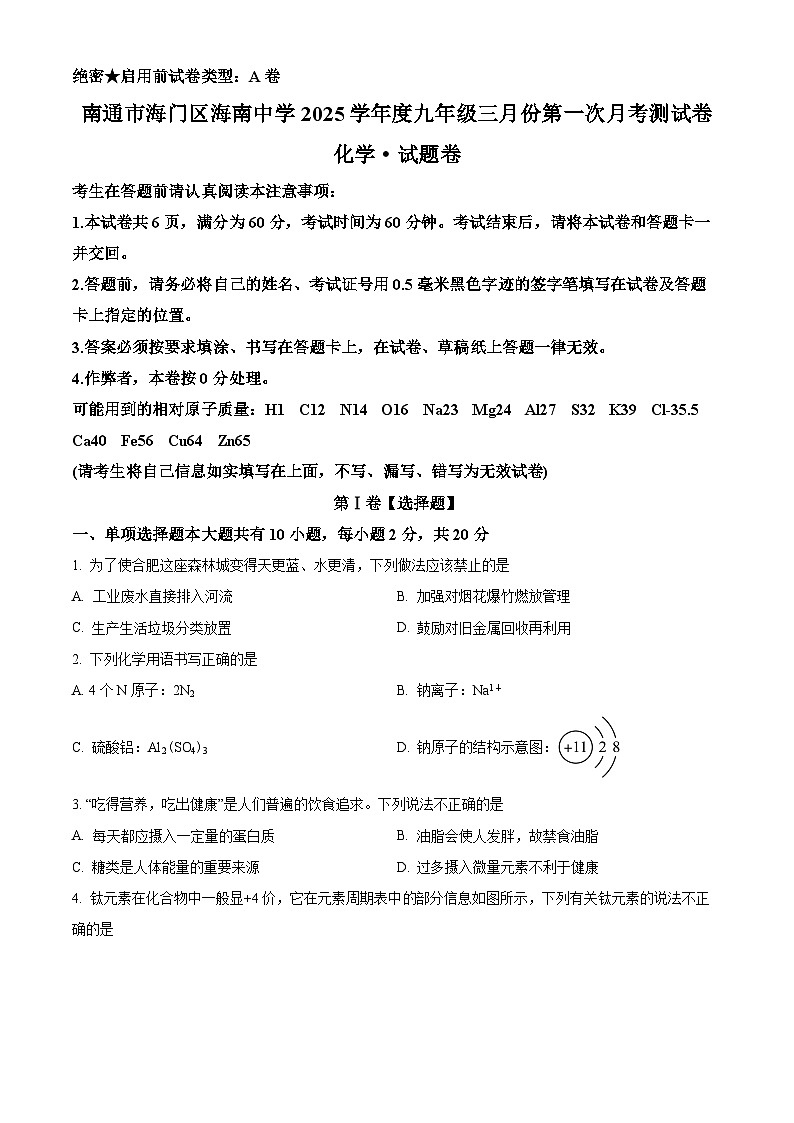 江苏省南通市海门区海南中学2024-2025学年九年级下学期3月月考化学试题（原卷版+解析版）第1页