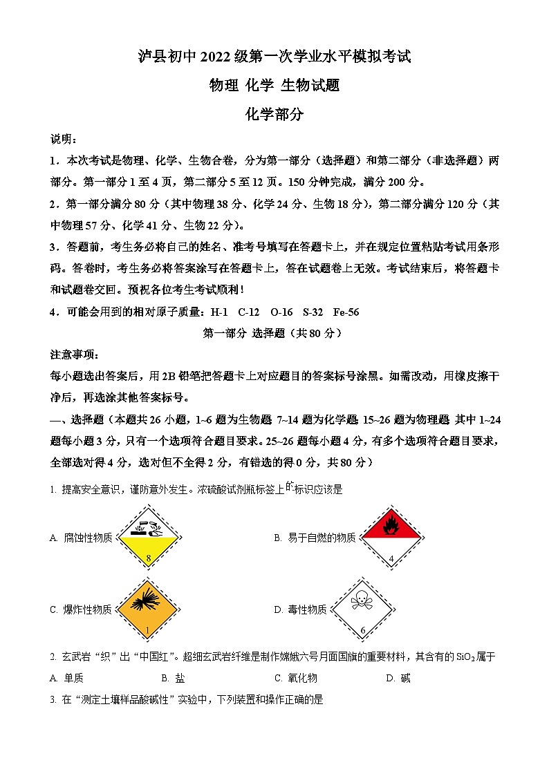 2025年四川省泸州市泸县九中考一模化学试题（原卷版+解析版）第1页