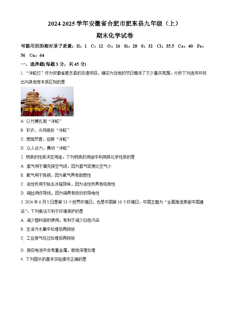 安徽省合肥市肥东县2024-2025学年九年级上学期期末化学试题（原卷版+解析版）第1页