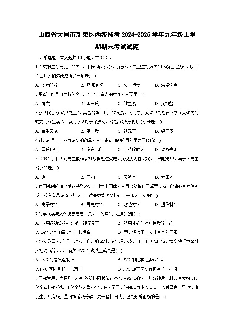2024-2025学年山西省大同市新荣区两校联考九年级上学期期末考试化学试卷（解析版）第1页