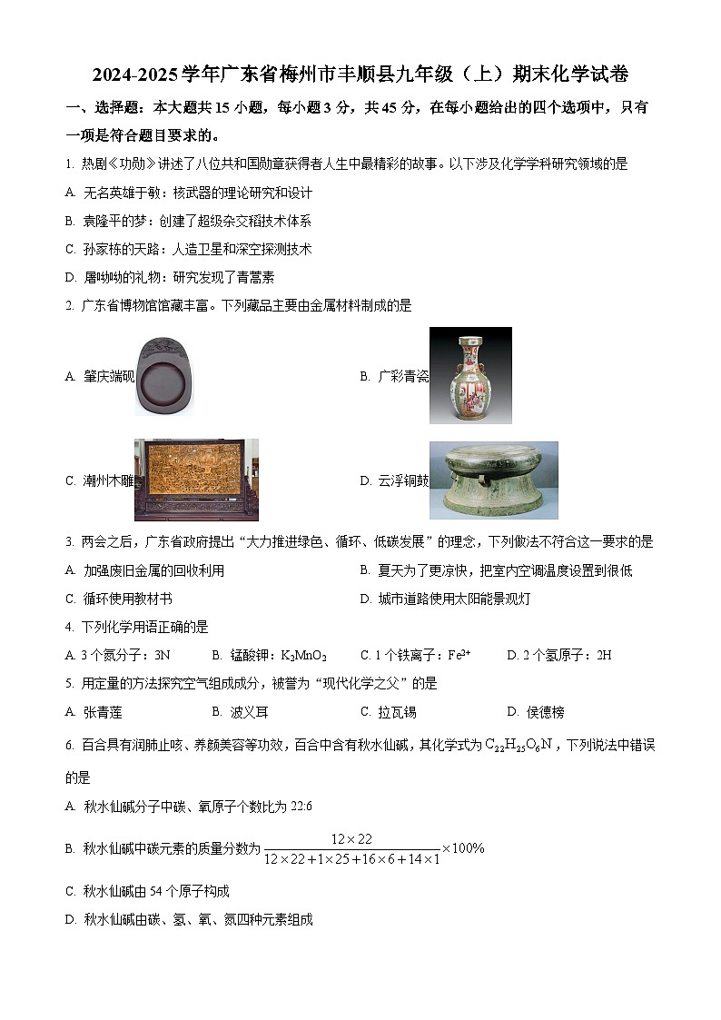 广东省梅州市丰顺县2024-2025学年九年级上学期1月期末化学试题（原卷版+解析版）第1页