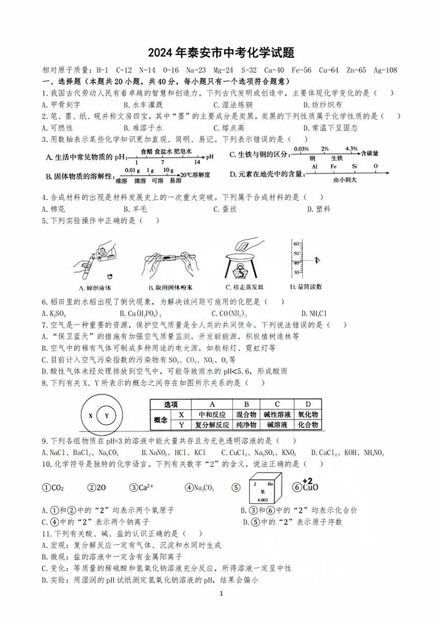 2024年山东省泰安中考化学试题+第1页